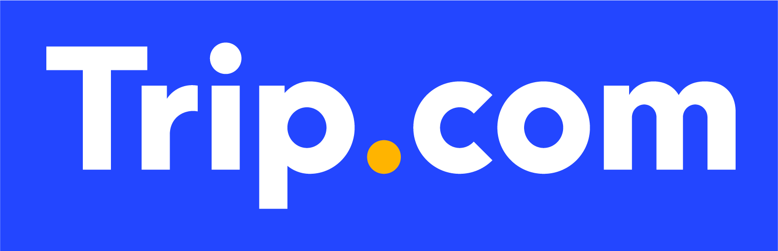 A white text logo with a yellow dot saying Trip.com on a dark blue coloured block