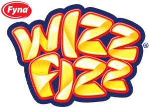 A yellow, red and navy blue retro style logo saying WizzFizz and another smaller red and white logo above it saying Fyna