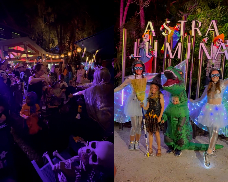 Families watching a costumed performer, and a young witch and child in a T-rex costume posing with LED-winged performers at the Astra Lumina sign