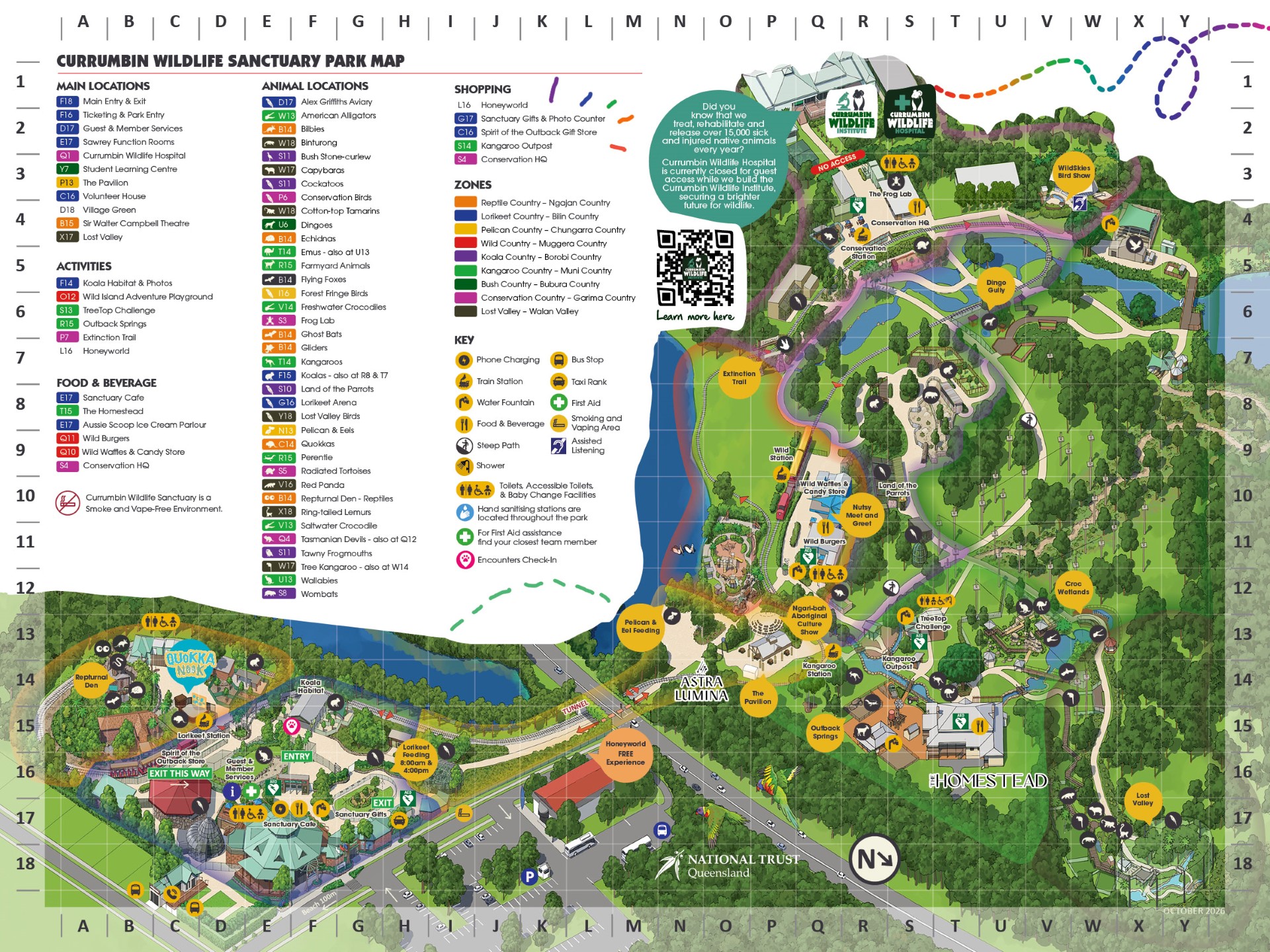 A detailed map of the park showcasing various animals, attractions and points of interest for visitors to explore